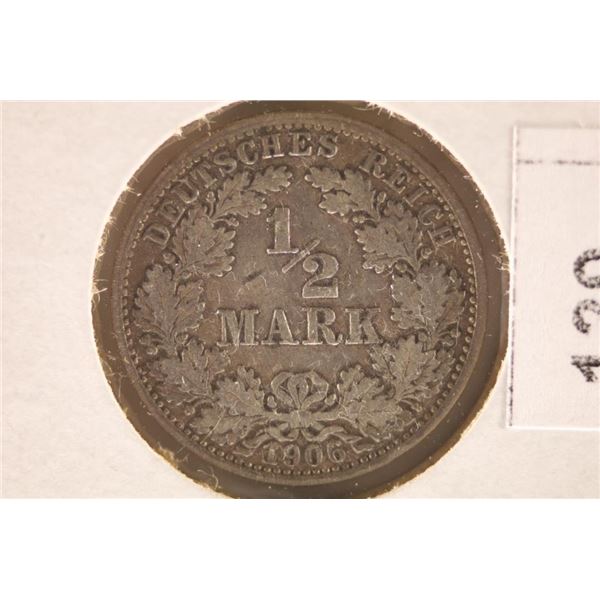 1906-A GERMAN SILVER 1/2 MARK COIN .0802 OZ. ASW