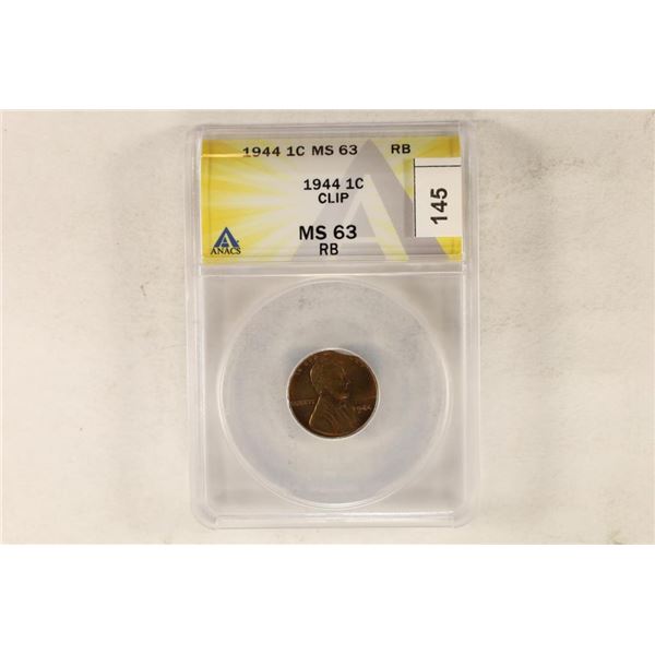 ERROR 1944 LINCOLN CENT ANACS MS63 RB CLIP