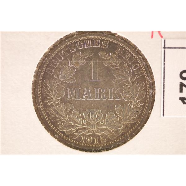 1915-A GERMAN SILVER 1 MARK COIN .1608 OZ. ASW