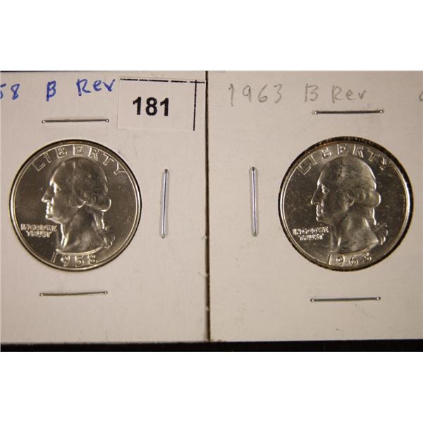 1958 & 1963 WASHINGTON SILVER QUARTERS, B. REV. BU