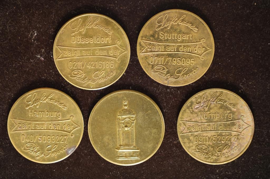 5 LUFTHANSA GERMAN METAL PARTY SPINNER TOKENS
