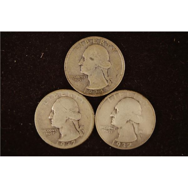 1934,1937 & 1937-S WASHINGTON SILVER QUARTERS