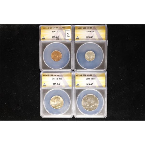 SET OF 4-ANACS CERTIFICATE COINS: 1951-D LINCOLN