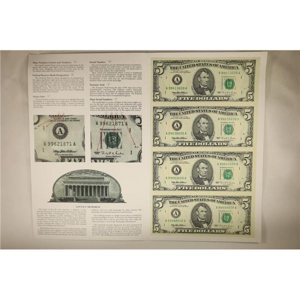 1995 UNCUT SHEET OF 4-$5 FEDERAL RESERVE NOTES