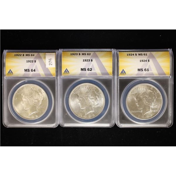 3-ANACS CERTIFIED PEACE SILVER DOLLARS: 1922 MS64,