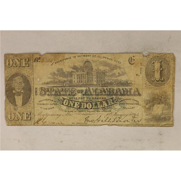 1863 STATE OF ALABAMA $1 OBSOLETE BANK NOTE