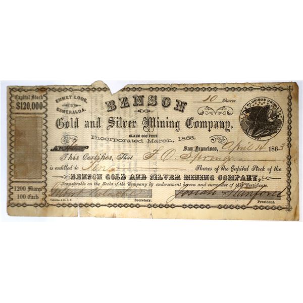 Benson Gold & Silver Mining Co. Stock Certificate signed by Leland Stanford's brother Josiah [144355