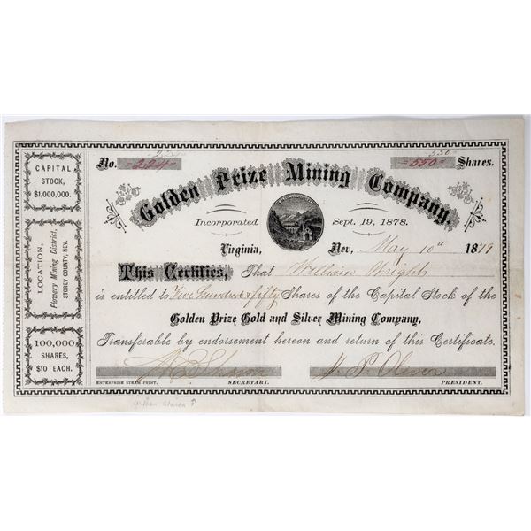 Golden Prize MC Stock: William Sharon Connection, Possibly Issued to Dan DeQuille [144208]