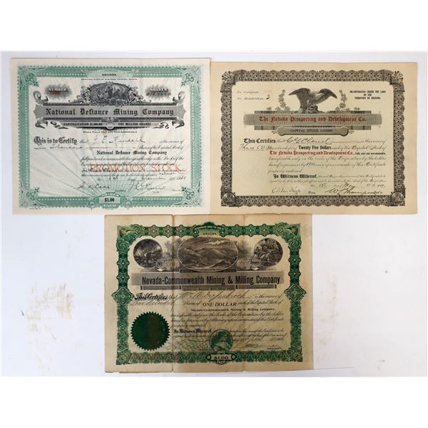 Three c1907 Nevada Mining Scam Stock Certificates [144401]