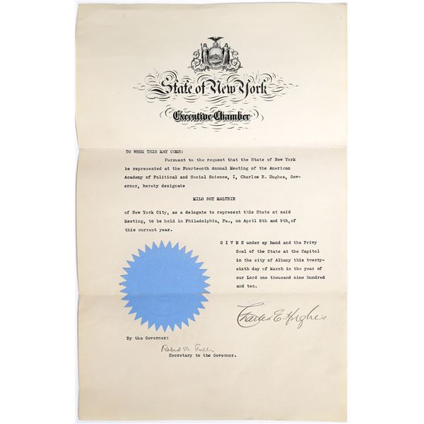 Charles Hughes, NY Governor Signature on State Delegate Document [155075]