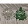 Image 1 : Two green candy dishes, one is depression glass, 7"