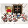 Image 1 : Alcohol lot, 8 beer cans, two advertising glass