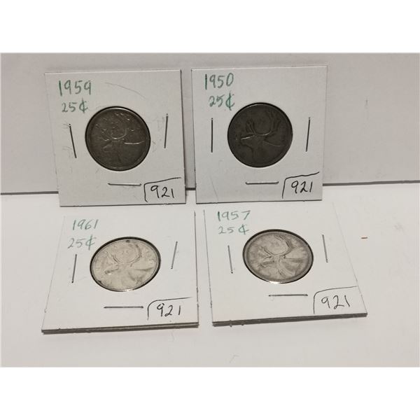 Four silver 25¢ coins 1950, 57, 59, 61