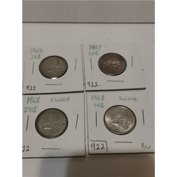 Four silver 25 cent coins, 1964, 67, 68, 68