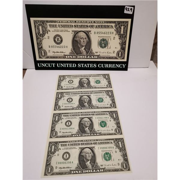 Four US uncut rare $1.00 bills