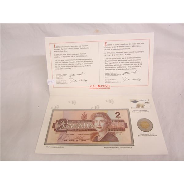 Canadian 1996 $2.00 Bill and $2 Coin and Stamp Set