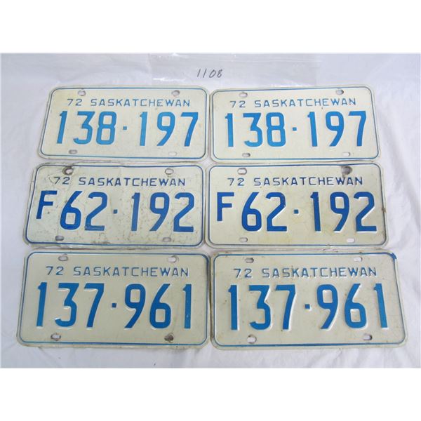 3 Pairs of 1972 Saskatchewan License Plates