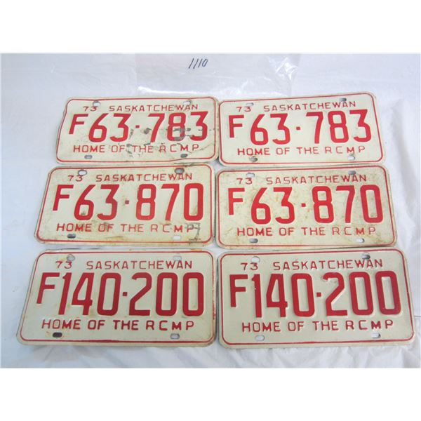 3 Pairs of 1973 Saskatchewan License Plates