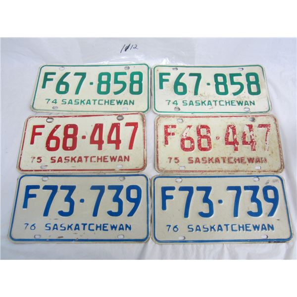 3 Pairs of Saskatchewan 1974, 75, 76 License Plates