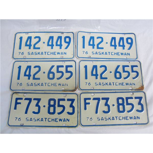 3 Pair of Saskatchewan 1976 License Plates