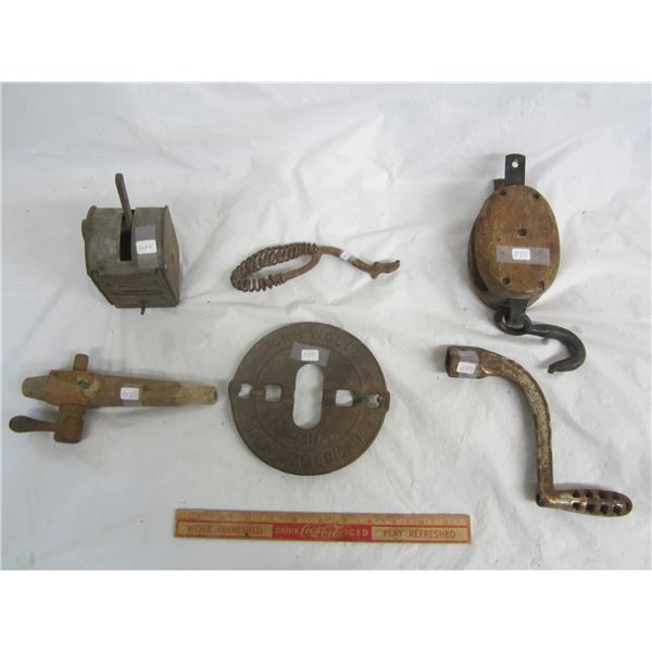 6 Antique Metal and Wood Tools Pulley ect