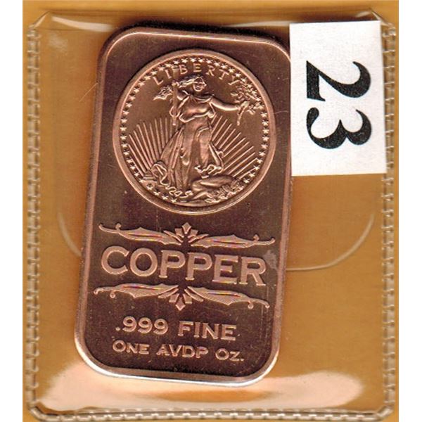 1 OUNCE COPPER BAR  .999 FINE - ST. GAUDENS DESIGN