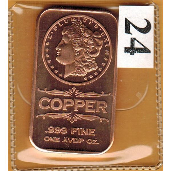 1 OUNCE COPPER BAR  .999 FINE - MORGAN DOLLAR DESIGN