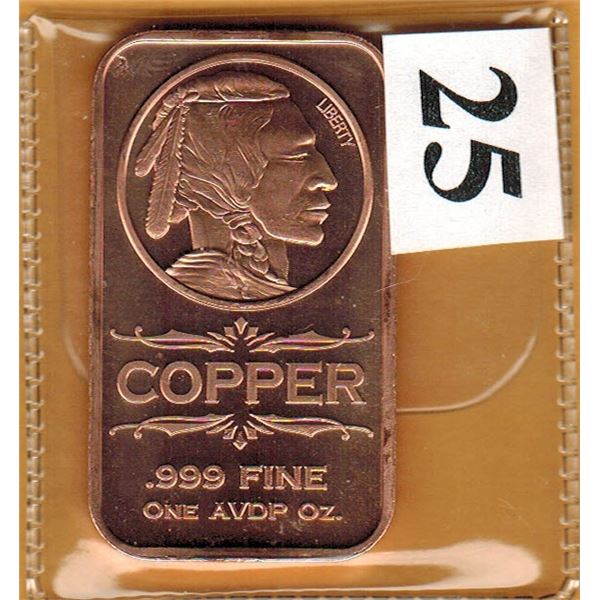 1 OUNCE COPPER BAR  .999 FINE - INDIAN HEAD DESIGN