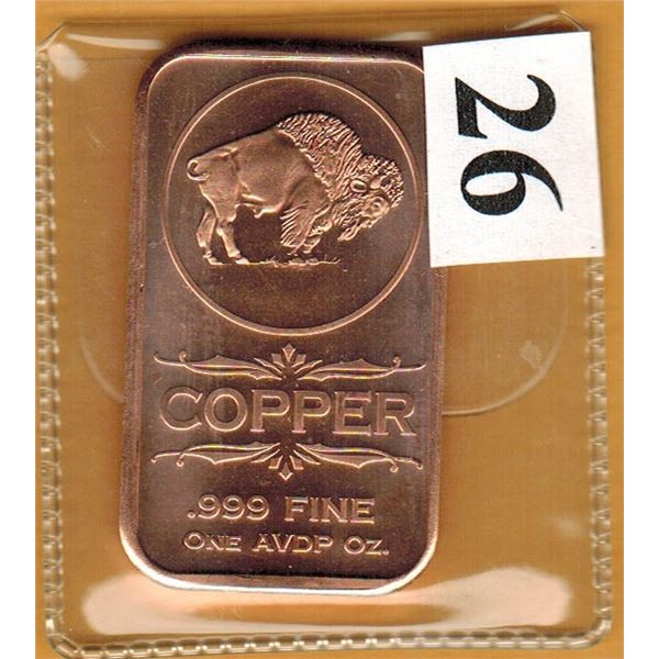 1 OUNCE COPPER BAR  .999 FINE - BUFFALO NICKEL DESIGN