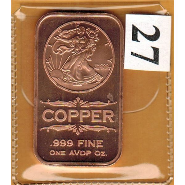 1 OUNCE COPPER BAR  .999 FINE - WALKING LIBERTY DESIGN