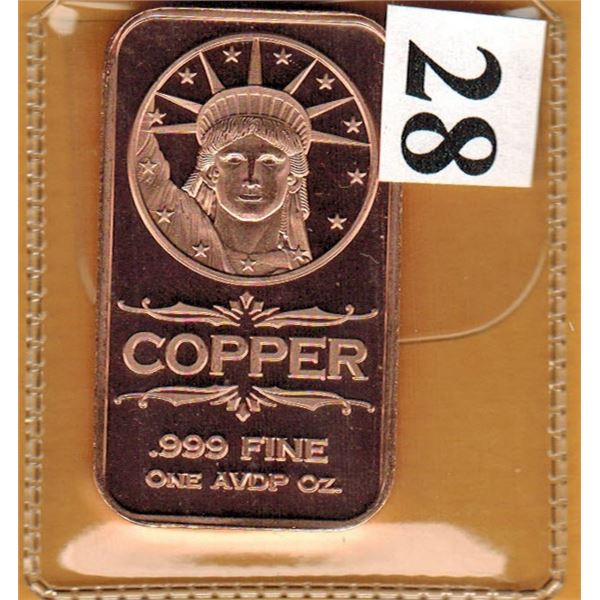 1 OUNCE COPPER BAR  .999 FINE - STATUE OF LIBERTY