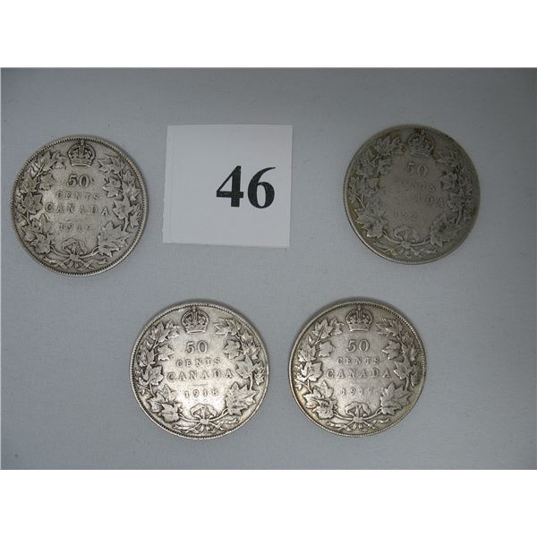 LOT OF 4 DIFFERENT DATES - SILVER CANADIAN HALF DOLLARS (1917, 1918, 1919,1920)