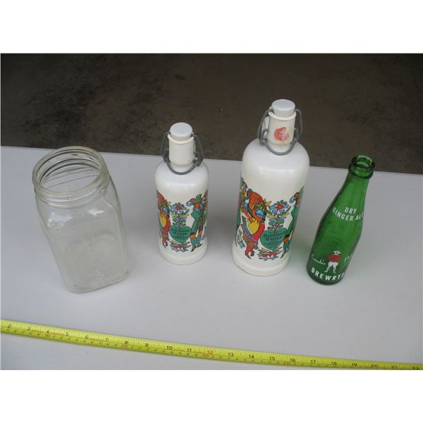LOT OF 4 - 2 DECROTIVE BOTTLES,  NABOB COFFEE JAR - DREWRYS GINGER ALE (Mountie)