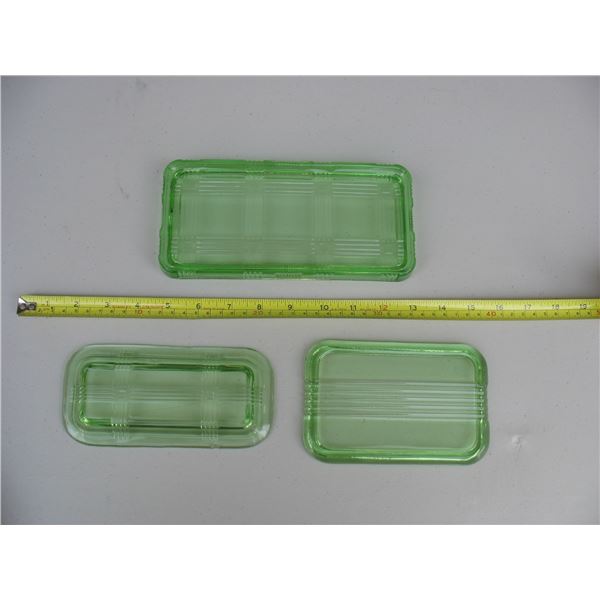 LOT OF 3 GREEN DEPRESSION GLASS CONTAINER LIDS - Slight Chips on all 3