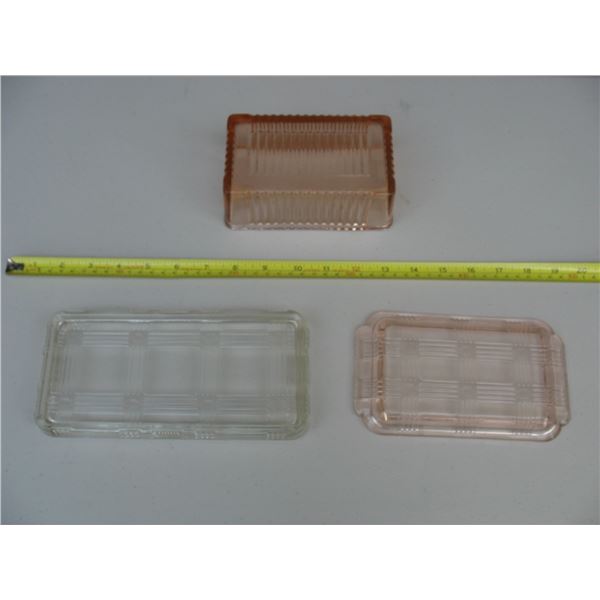 LOT OF 3 DEPRESSION GLASS CONTAINER LIDS - Two Pink & one Clear.  Clear one has a small chip on unde