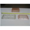 Image 2 : LOT OF 3 DEPRESSION GLASS CONTAINER LIDS - Two Pink & one Clear.  Clear one has a small chip on unde