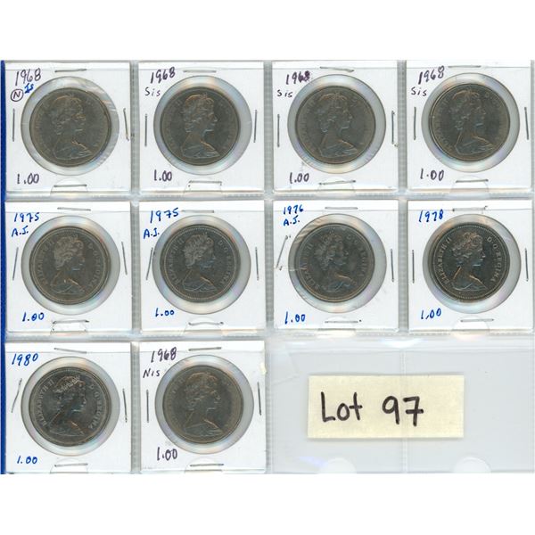 10 Canadian dollars - 2 X 1968 'N' IS, 3 X 1968 'S' IS, 1975 AJ, 1955 AJ, 1976 AJ, 1978, 1980