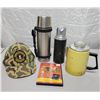 Image 1 : 5 piece hunting package - enamel coffee pot (complete), DVD, Camo hat & 2 Thermoses