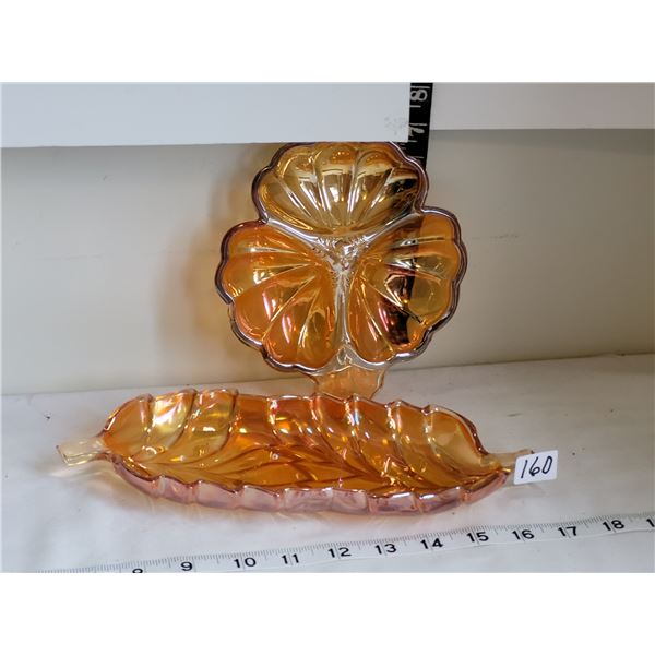 Vintage Marigold Carnival glass. Iridescent Trinket/ candy dish & leaf pickle dish.