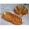 Image 2 : Vintage Marigold Carnival glass. Iridescent Trinket/ candy dish & leaf pickle dish.