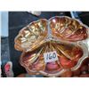 Image 5 : Vintage Marigold Carnival glass. Iridescent Trinket/ candy dish & leaf pickle dish.