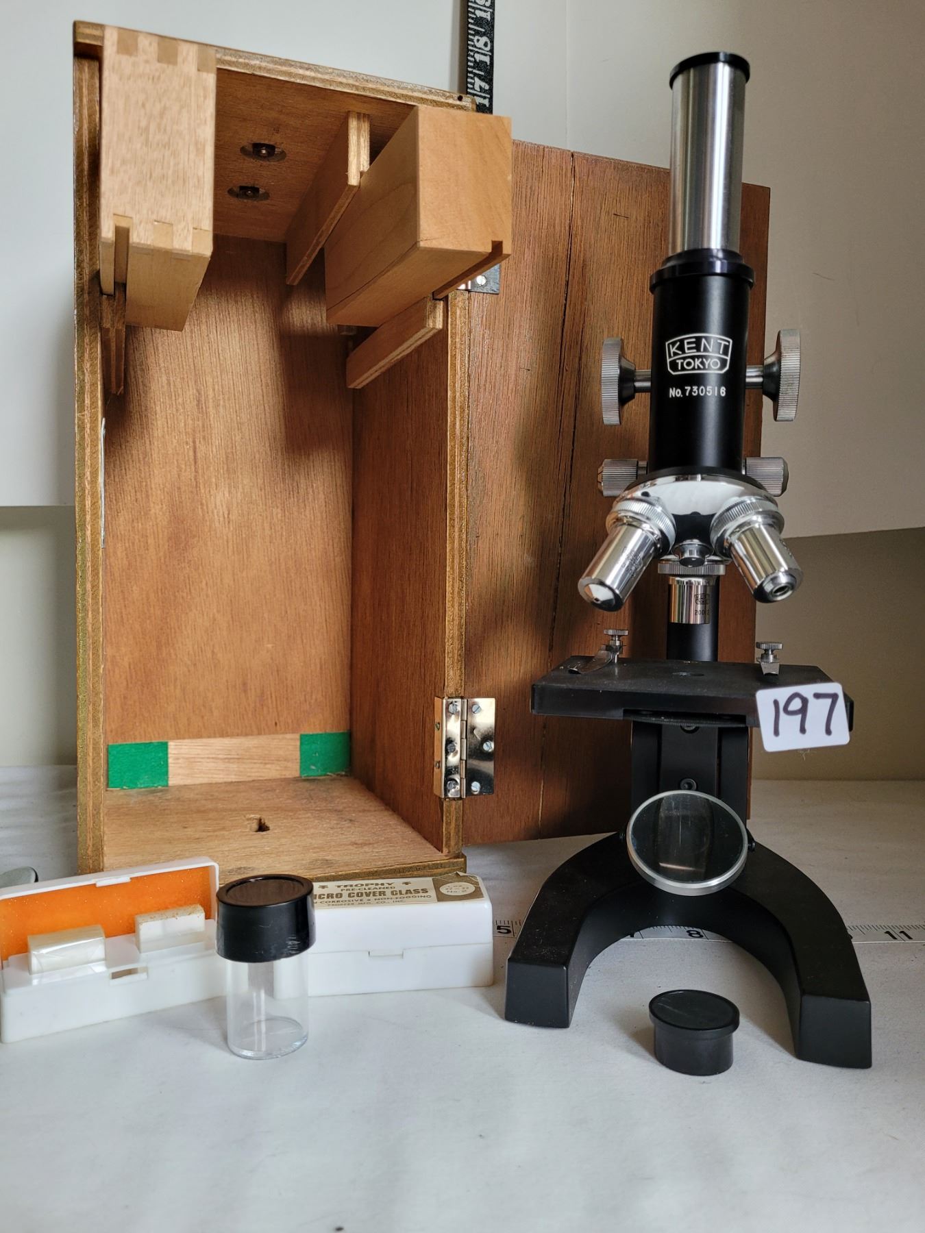 Vintage Microscope Box Vintage microscope in original box. Includes glass slides, specimen ...