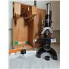 Image 1 : Vintage  microscope in original box. Includes glass slides, specimen drawers & bottle.
