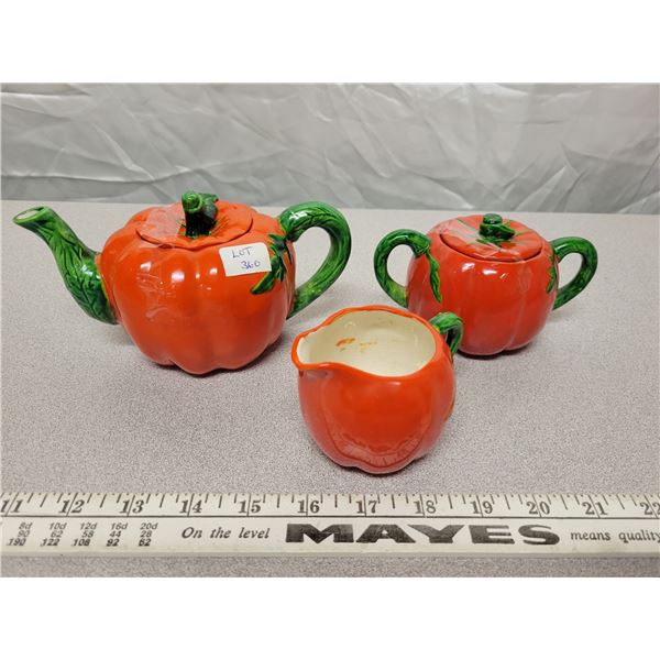 Tomato ware three piece - creamer, sugar, teapot