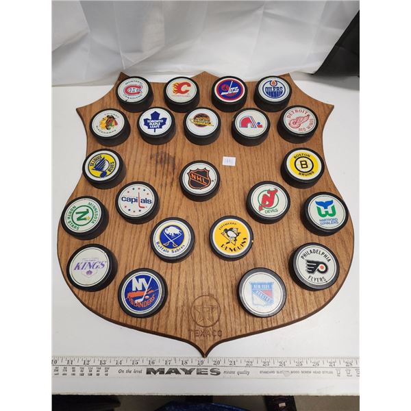 Rare Set of 22 NHL Hockey Pucks,  Texaco  Promo on Original Oak Board