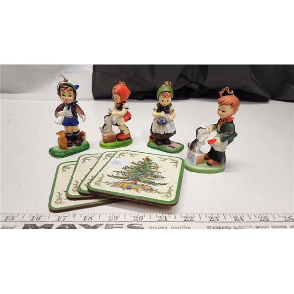 Lot of Hummel Style Christmas tree Ornaments with  Spode  Christmas Coasters