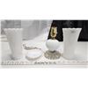 Image 1 : 4 Piece Matching, Glass Table lamp, 2 Glass Vases and White Glass Clamshell soap dish