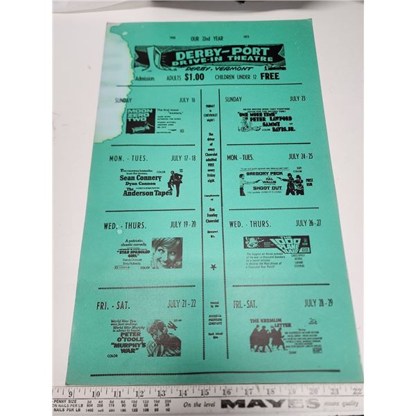 Original Drive-In Movie Poster, 1972 - Derby, Vermont, USA, Green