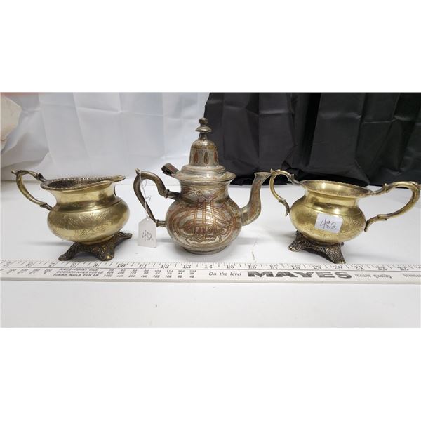 Engraved 3 piece, Eastern Brass Teapot with Cream & Sugar