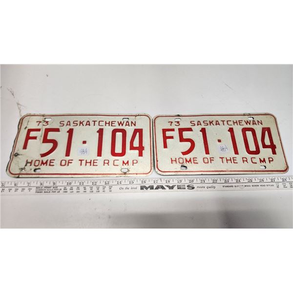 Matched Pair of 1973, Sask Farm License plates  Home of the R.C.M.P. 